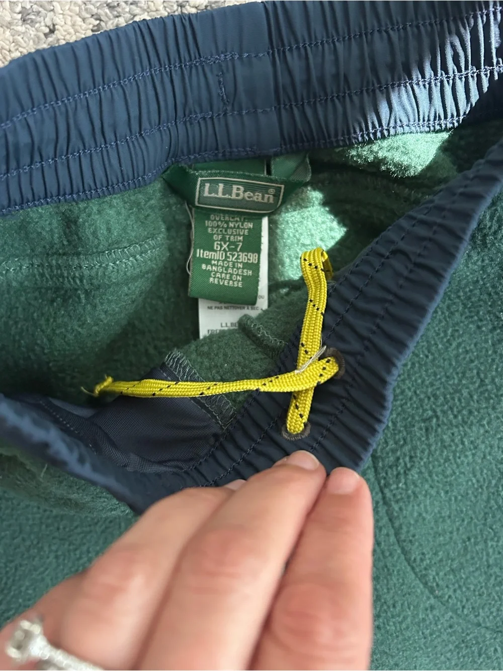 L.L. Bean Green Fleece Joggers with Navy Knee Panels